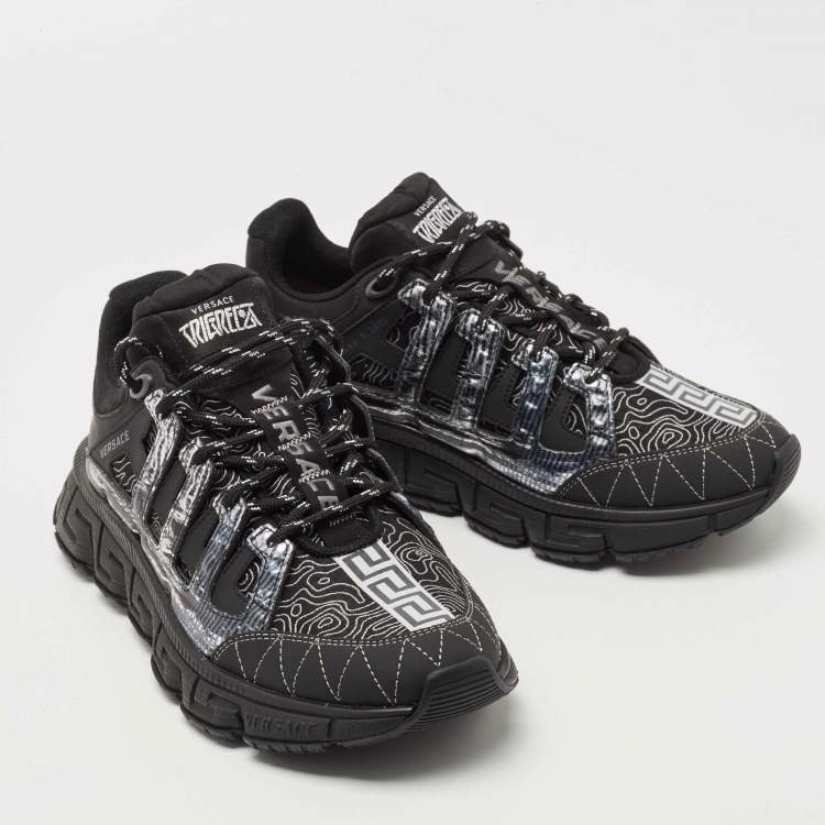 Pre Owned Versace Black Leather and Fabric Trigreca Low Top Sneakers Size 42