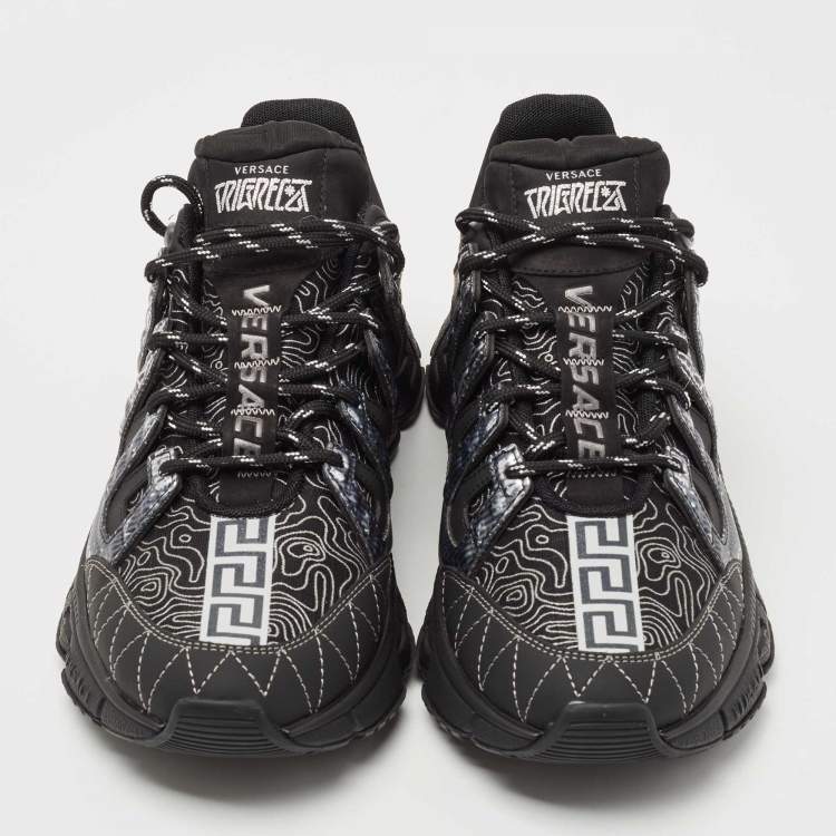 Pre Owned Versace Black Leather and Fabric Trigreca Low Top Sneakers Size 42