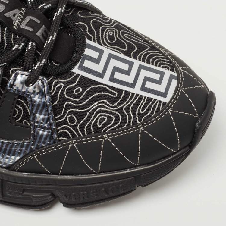Pre Owned Versace Black Leather and Fabric Trigreca Low Top Sneakers Size 42