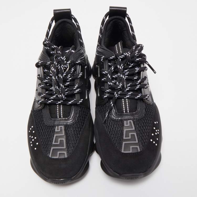Pre Owned Versace Black Mesh And Leather Chain Reaction Sneakers Size 39