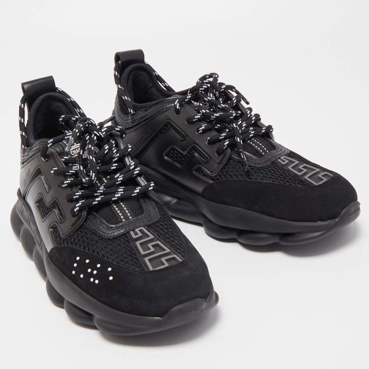 Pre Owned Versace Black Mesh And Leather Chain Reaction Sneakers Size 39