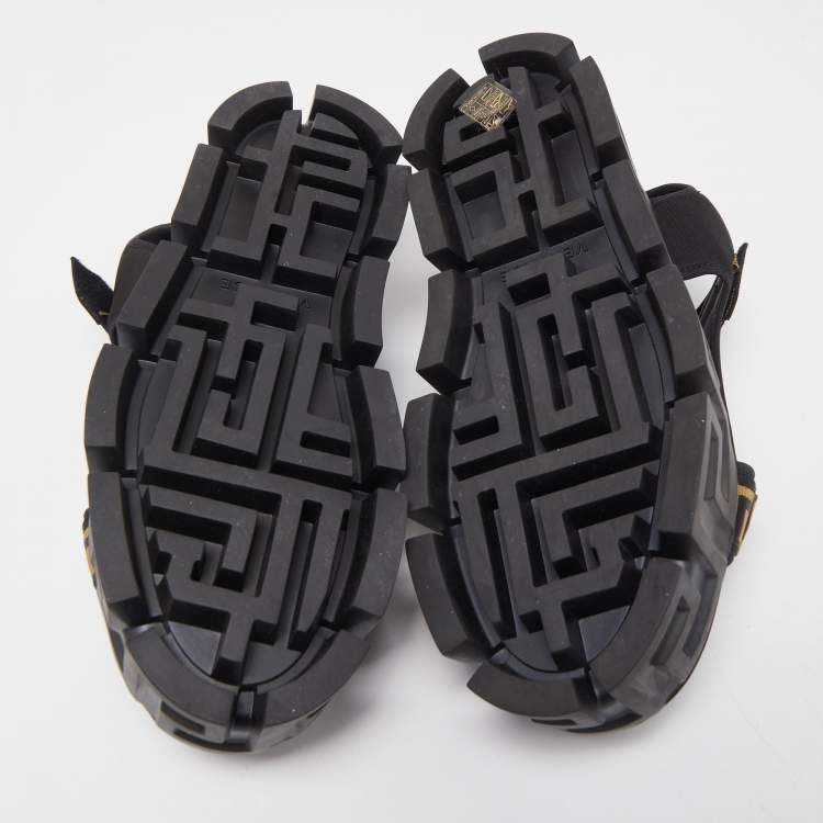 Pre Owned Versace Black Canvas and Fabric La Greca Platform Sandals Size 42