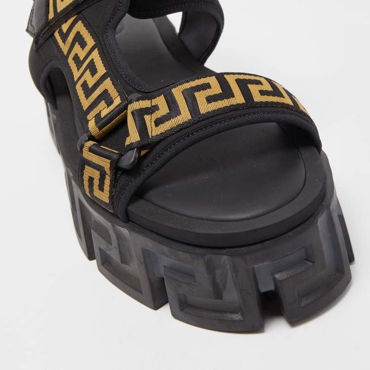 Pre Owned Versace Black Canvas and Fabric La Greca Platform Sandals Size 42