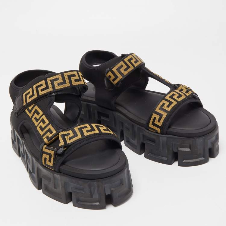 Pre Owned Versace Black Canvas and Fabric La Greca Platform Sandals Size 42