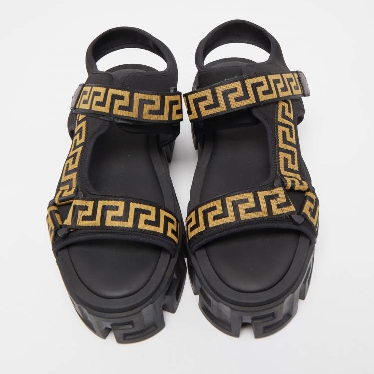 Pre Owned Versace Black Canvas and Fabric La Greca Platform Sandals Size 42