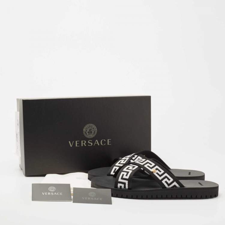 Pre Owned  Versace Black/ White  Canvas Nastro Greca Cross Strap Sandals Size 45