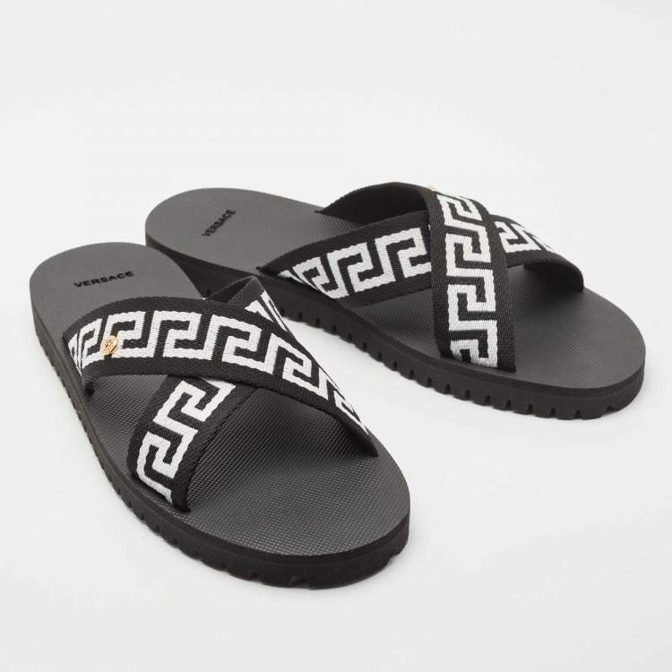 Pre Owned  Versace Black/ White  Canvas Nastro Greca Cross Strap Sandals Size 45