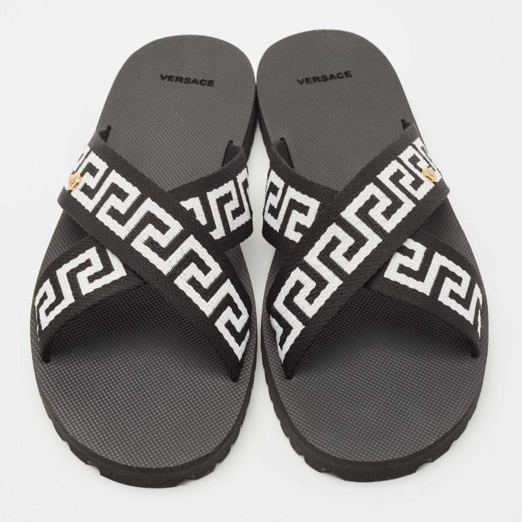 Pre Owned  Versace Black/ White  Canvas Nastro Greca Cross Strap Sandals Size 45