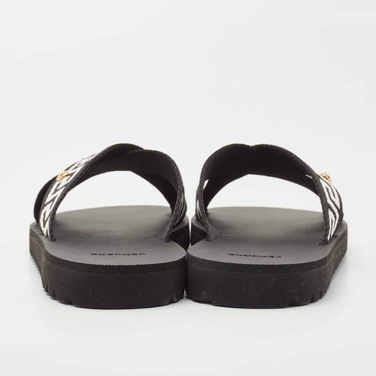 Pre Owned  Versace Black/ White  Canvas Nastro Greca Cross Strap Sandals Size 45