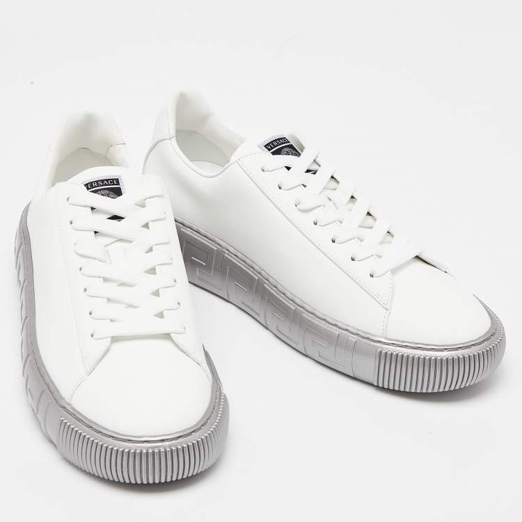 Pre Owned Versace White/Silver Leather Greca Sneakers Size 43