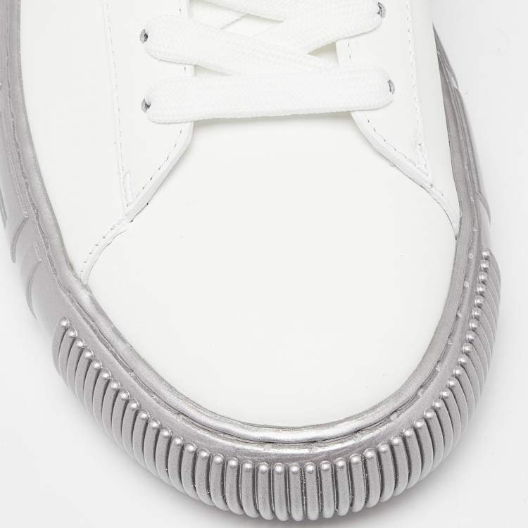 Pre Owned Versace White/Silver Leather Greca Sneakers Size 43