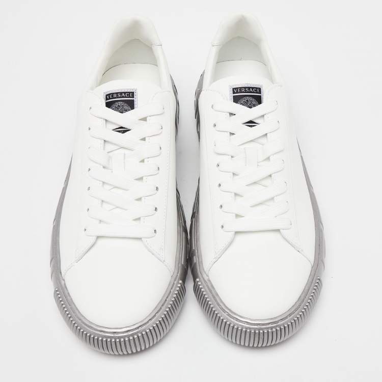 Pre Owned Versace White/Silver Leather Greca Sneakers Size 43