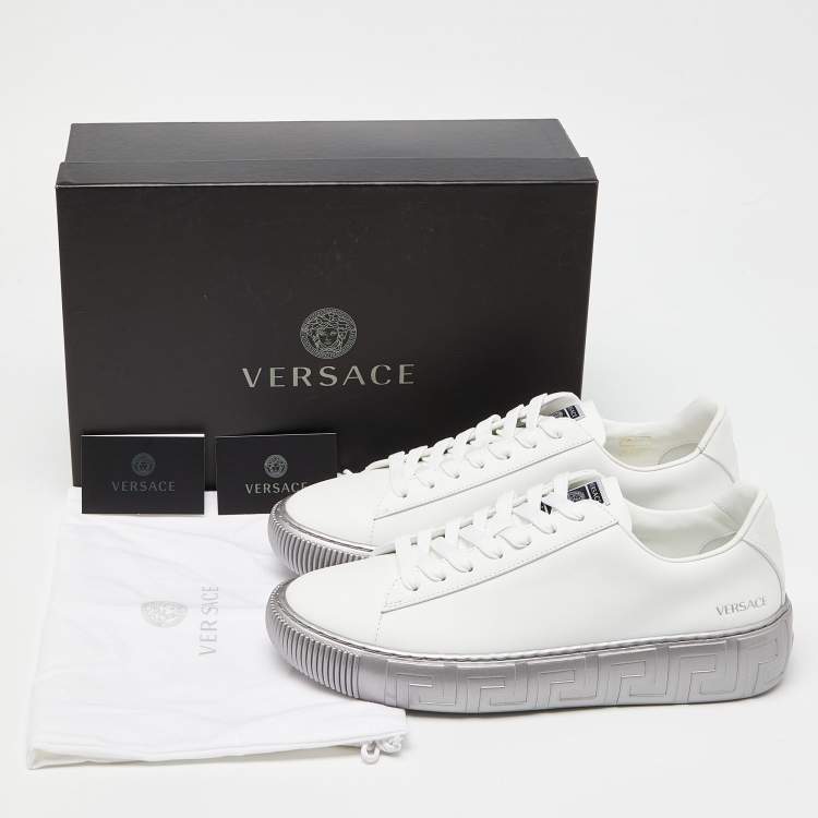 Pre Owned Versace White/Silver Leather Greca Sneakers Size 43
