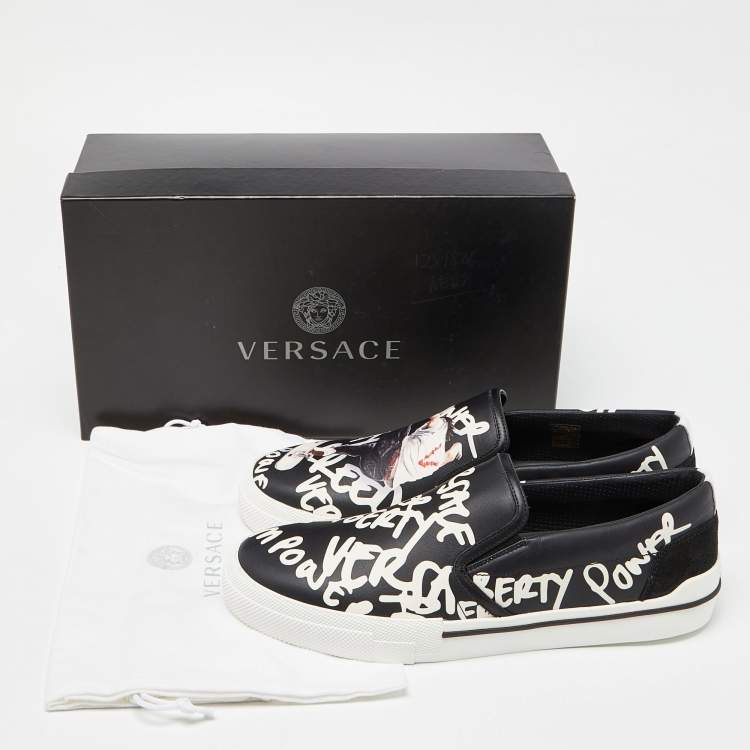Pre Owned Versace Black/White Printed Leather Slip On Sneakers Size 43