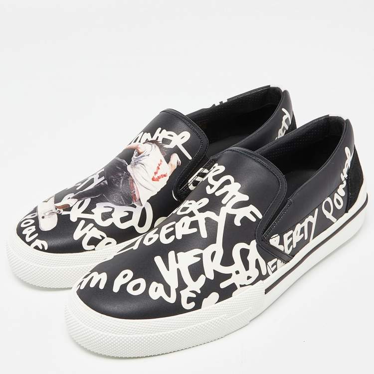 Pre Owned Versace Black/White Printed Leather Slip On Sneakers Size 43