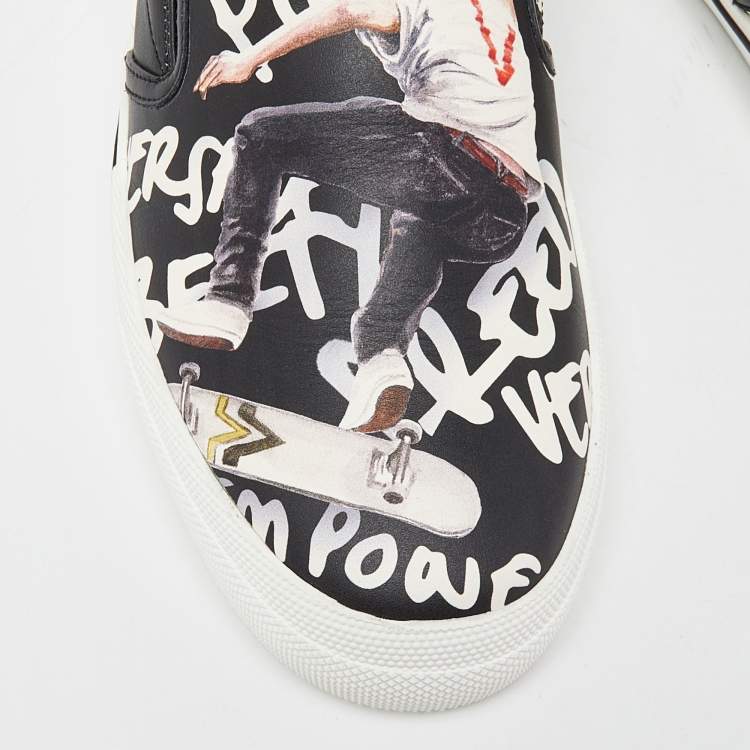Pre Owned Versace Black/White Printed Leather Slip On Sneakers Size 43