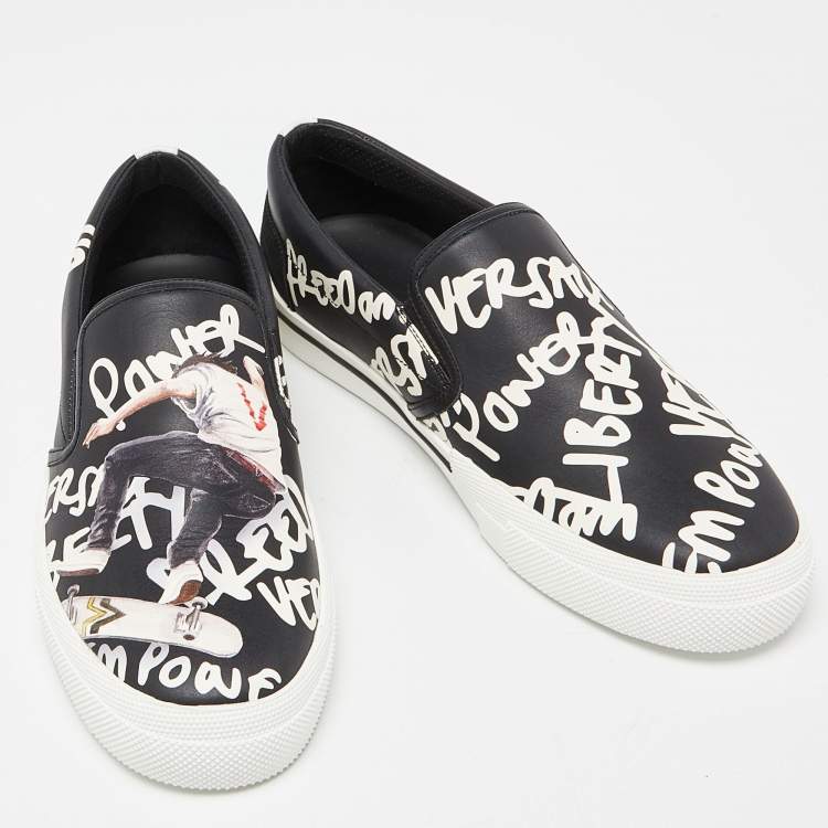 Pre Owned Versace Black/White Printed Leather Slip On Sneakers Size 43