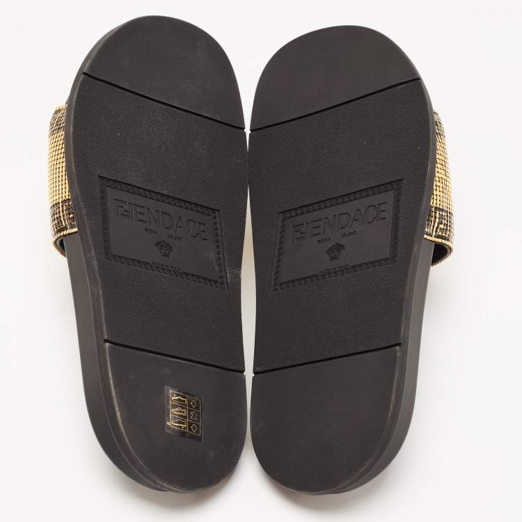 Pre Owned Fendi X Versace Black Rubber Metal Embellished Flat Slides Size 45