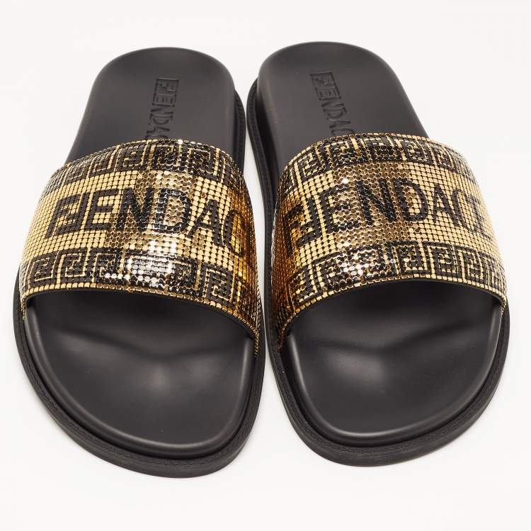 Pre Owned Fendi X Versace Black Rubber Metal Embellished Flat Slides Size 45