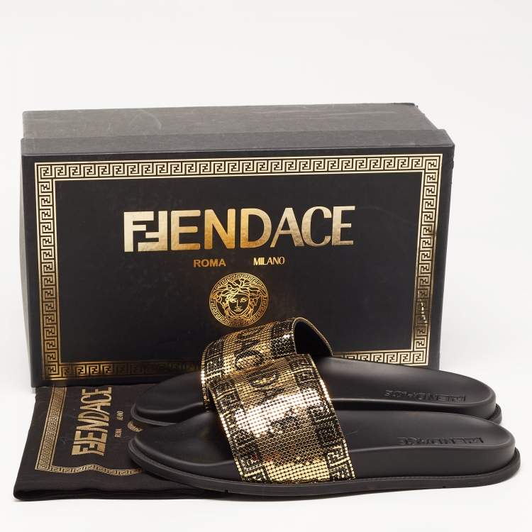Pre Owned Fendi X Versace Black Rubber Metal Embellished Flat Slides Size 45