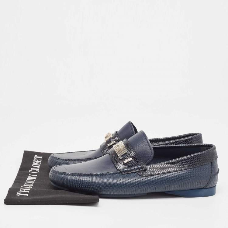 Pre Owned Versace Navy Blue Lizard Embossed and Leather Medusa Logo Loafers Size 43