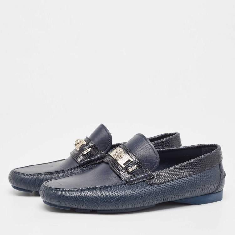 Pre Owned Versace Navy Blue Lizard Embossed and Leather Medusa Logo Loafers Size 43