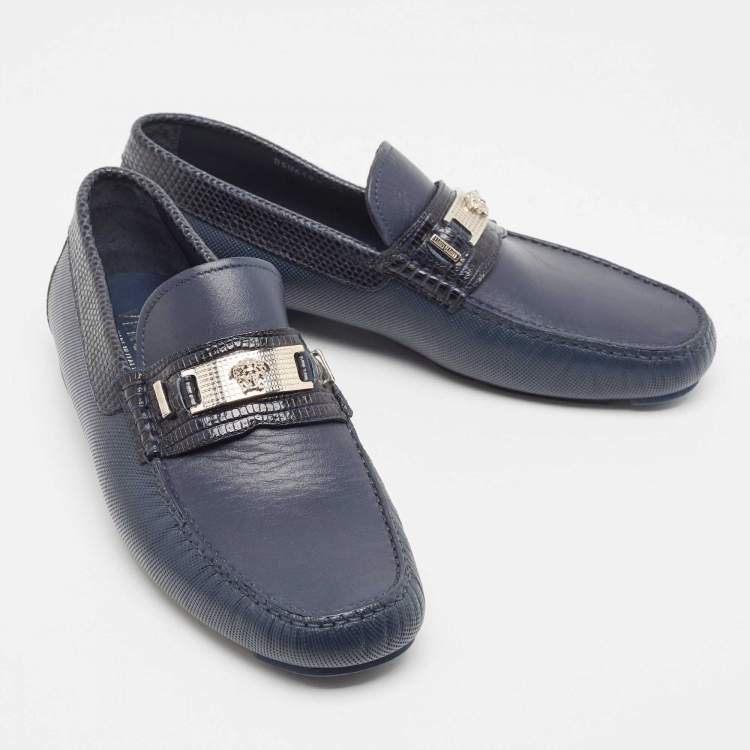 Pre Owned Versace Navy Blue Lizard Embossed and Leather Medusa Logo Loafers Size 43