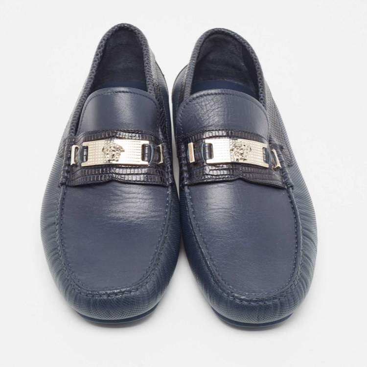 Pre Owned Versace Navy Blue Lizard Embossed and Leather Medusa Logo Loafers Size 43