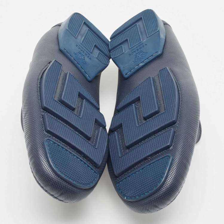 Pre Owned Versace Navy Blue Lizard Embossed and Leather Medusa Logo Loafers Size 43