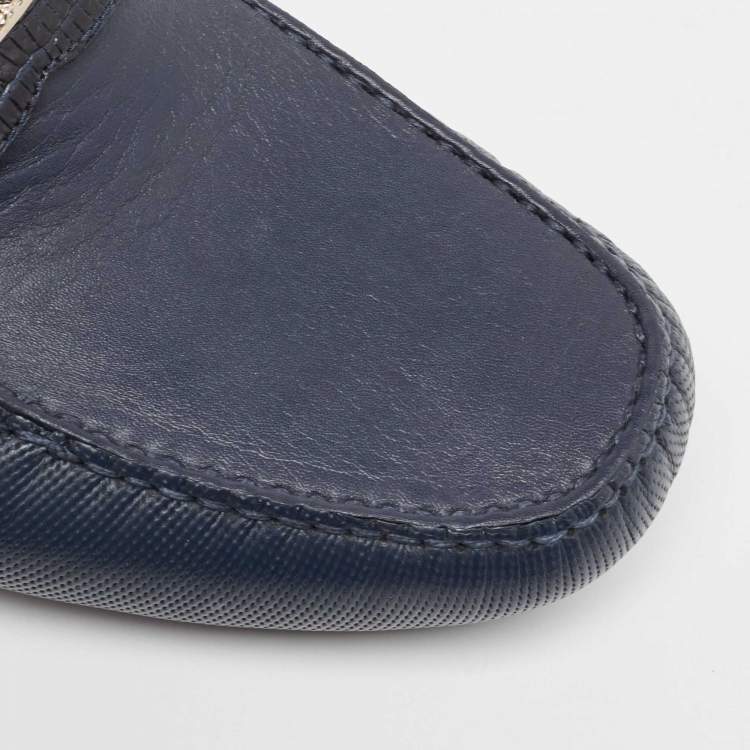 Pre Owned Versace Navy Blue Lizard Embossed and Leather Medusa Logo Loafers Size 43