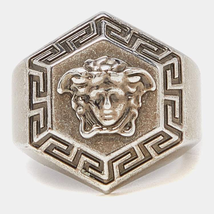 Pre Owned Versace Gunmetal Tone Medusa Ring Size EU 63