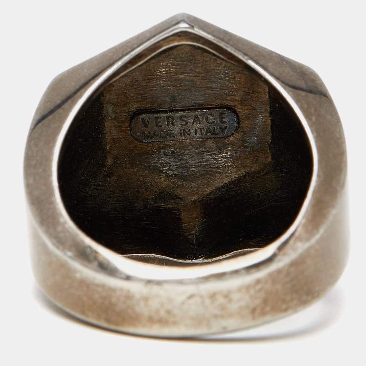 Pre Owned Versace Gunmetal Tone Medusa Ring Size EU 63