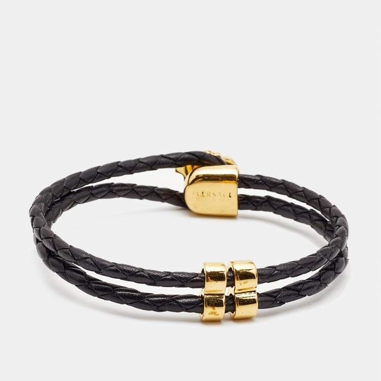 Pre Owned Versace Medusa Leather Gold Tone Bracelet