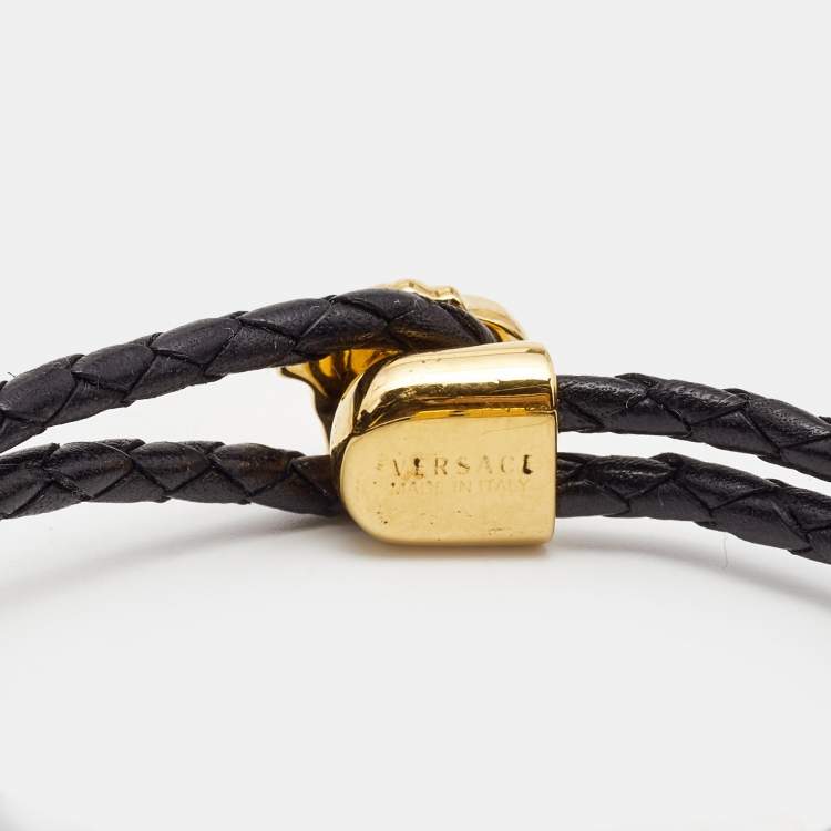 Pre Owned Versace Medusa Leather Gold Tone Bracelet