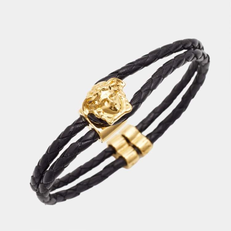 Pre Owned Versace Medusa Leather Gold Tone Bracelet