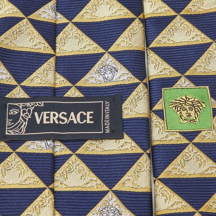 Pre Owned Versace Vintage Yellow/Blue Triangle Medusa Pattern Silk Tie