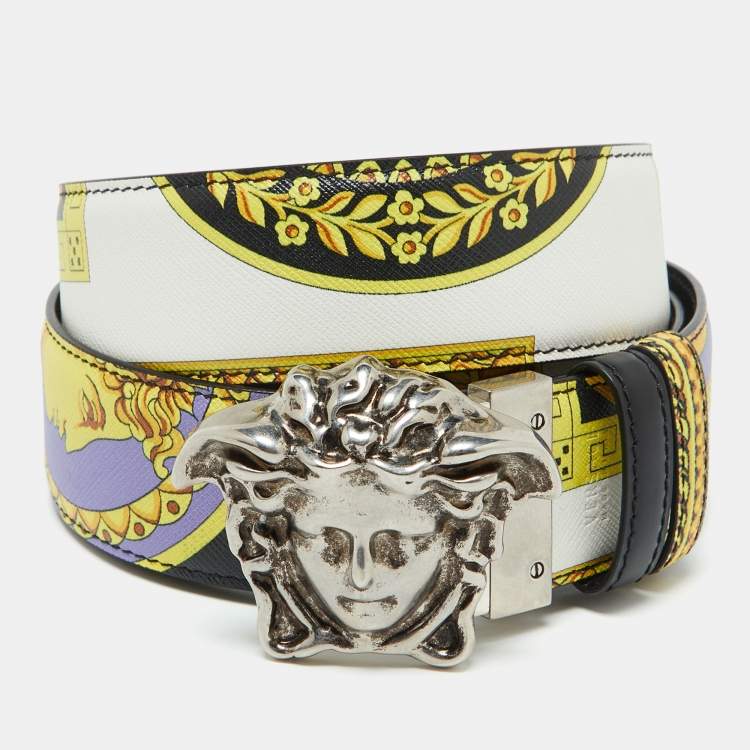 Pre Owned Versace Multicolor Printed Leather Medusa Buckle Belt 105CM