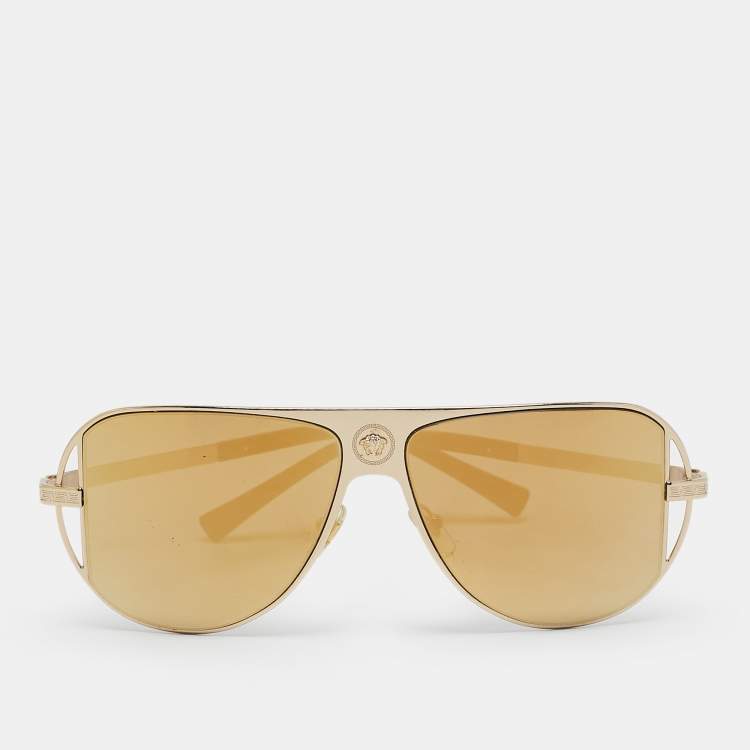 Pre Owned Versace Gold Mirrored MOD. 2212 Aviator Sunglasses