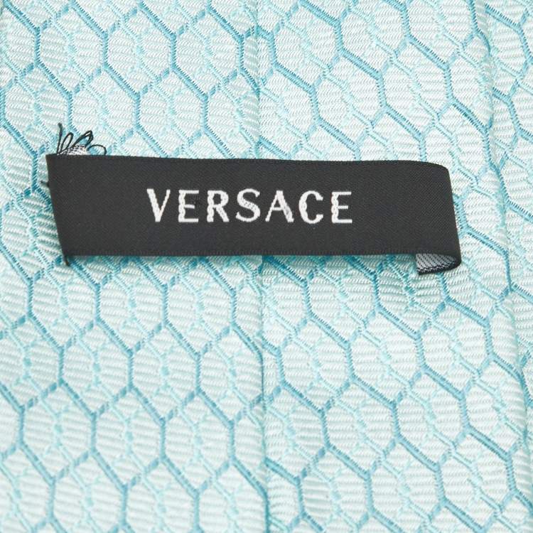 Pre Owned Versace Turquoise Blue Geometric Pattern Silk Tie 