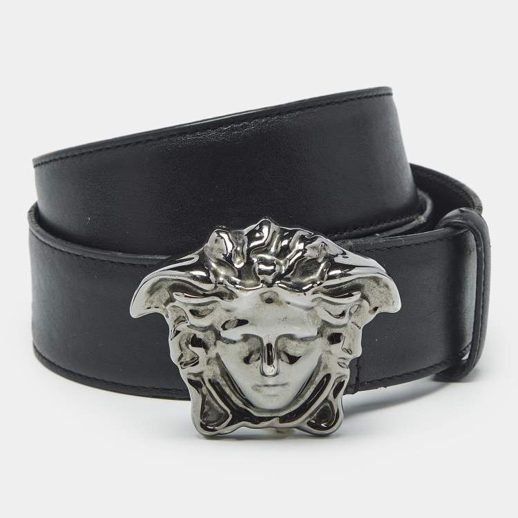Pre Owned Versace Black Leather La Medusa Buckle Belt 105 CM