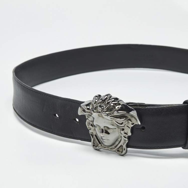 Pre Owned Versace Black Leather La Medusa Buckle Belt 105 CM