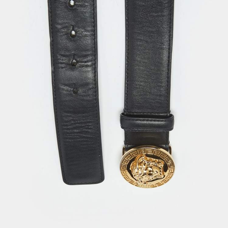 Pre Owned Versace Black Leather Medussa Head Buckle Belt 95 CM