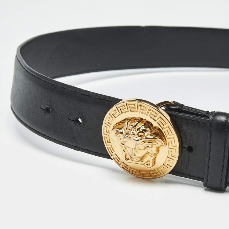 Pre Owned Versace Black Leather Medussa Head Buckle Belt 95 CM
