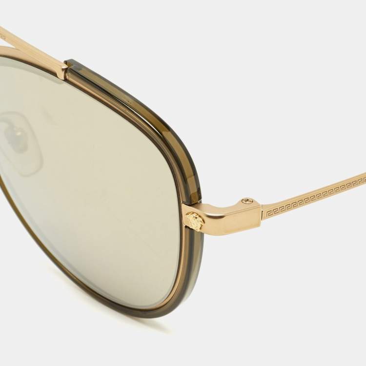 Pre Owned Versace Gold/Brown Mirrored MOD. 2193 Aviator Sunglasses