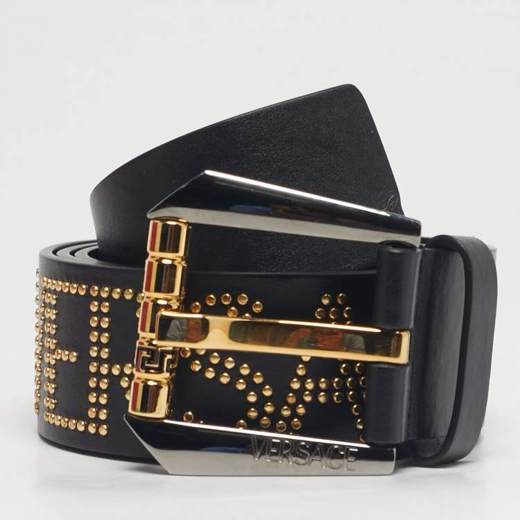 Pre Owned Versace Black Leather Studded Logo Greca Buckle Belt 95CM