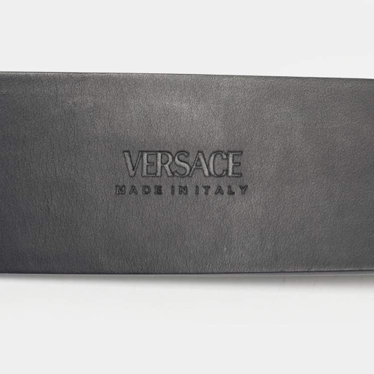 Pre Owned Versace Black Leather Studded Logo Greca Buckle Belt 95CM