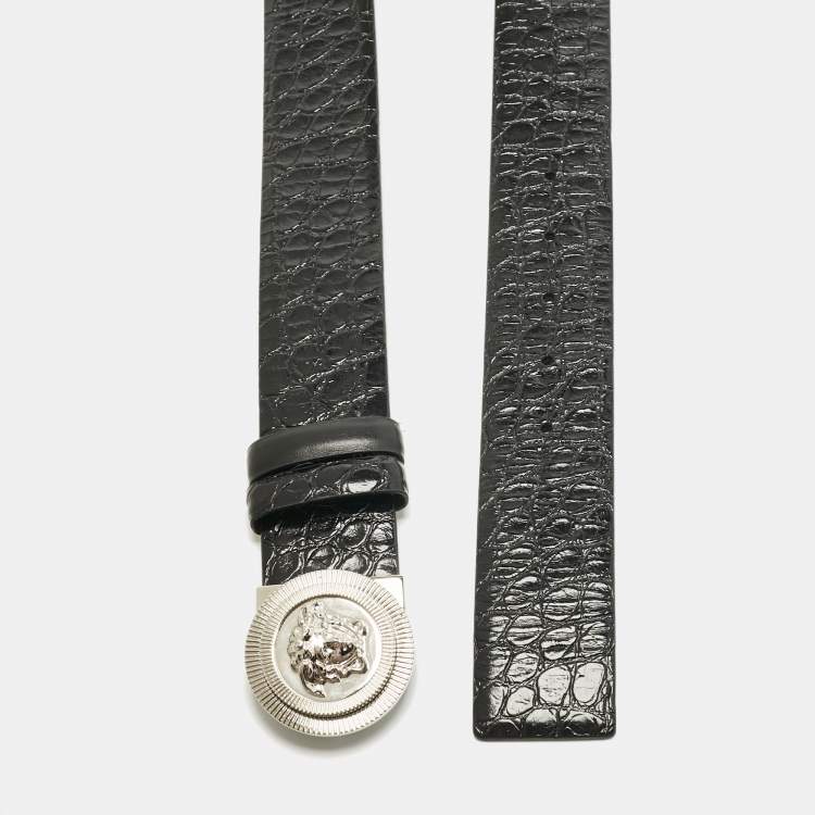 Pre Owned Versace Black Croc Embossed and Leather Medusa Biggie Reversible Belt 95CM
