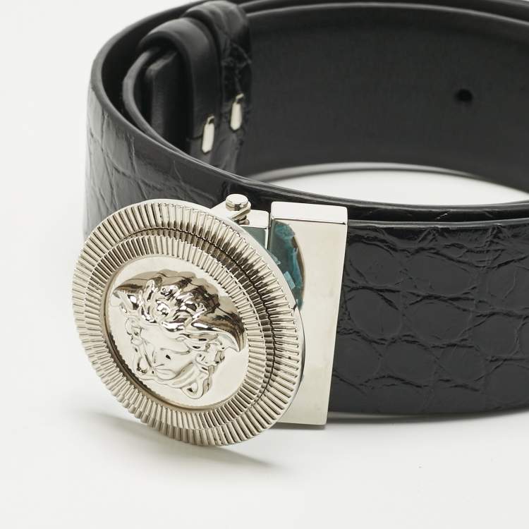 Pre Owned Versace Black Croc Embossed and Leather Medusa Biggie Reversible Belt 95CM