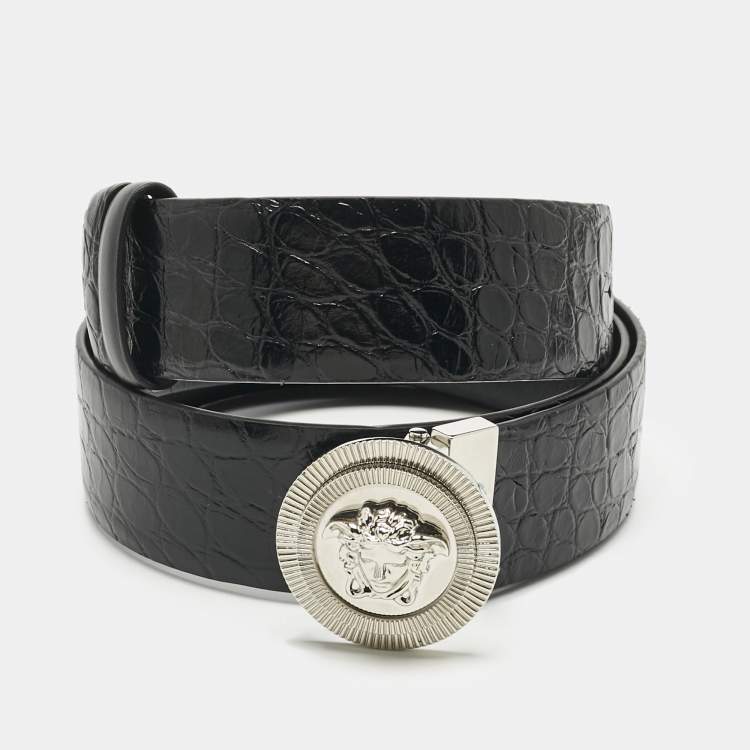 Pre Owned Versace Black Croc Embossed and Leather Medusa Biggie Reversible Belt 95CM