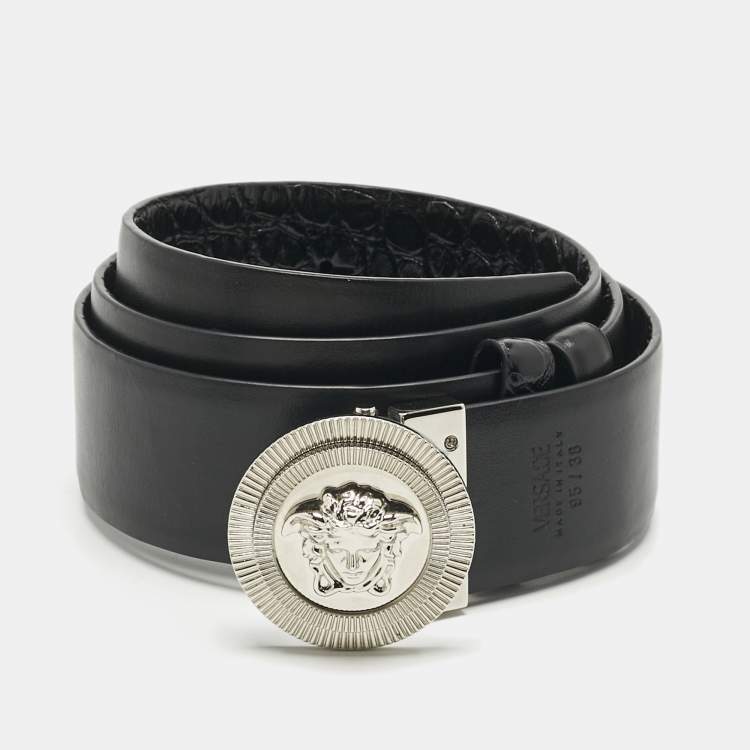 Pre Owned Versace Black Croc Embossed and Leather Medusa Biggie Reversible Belt 95CM